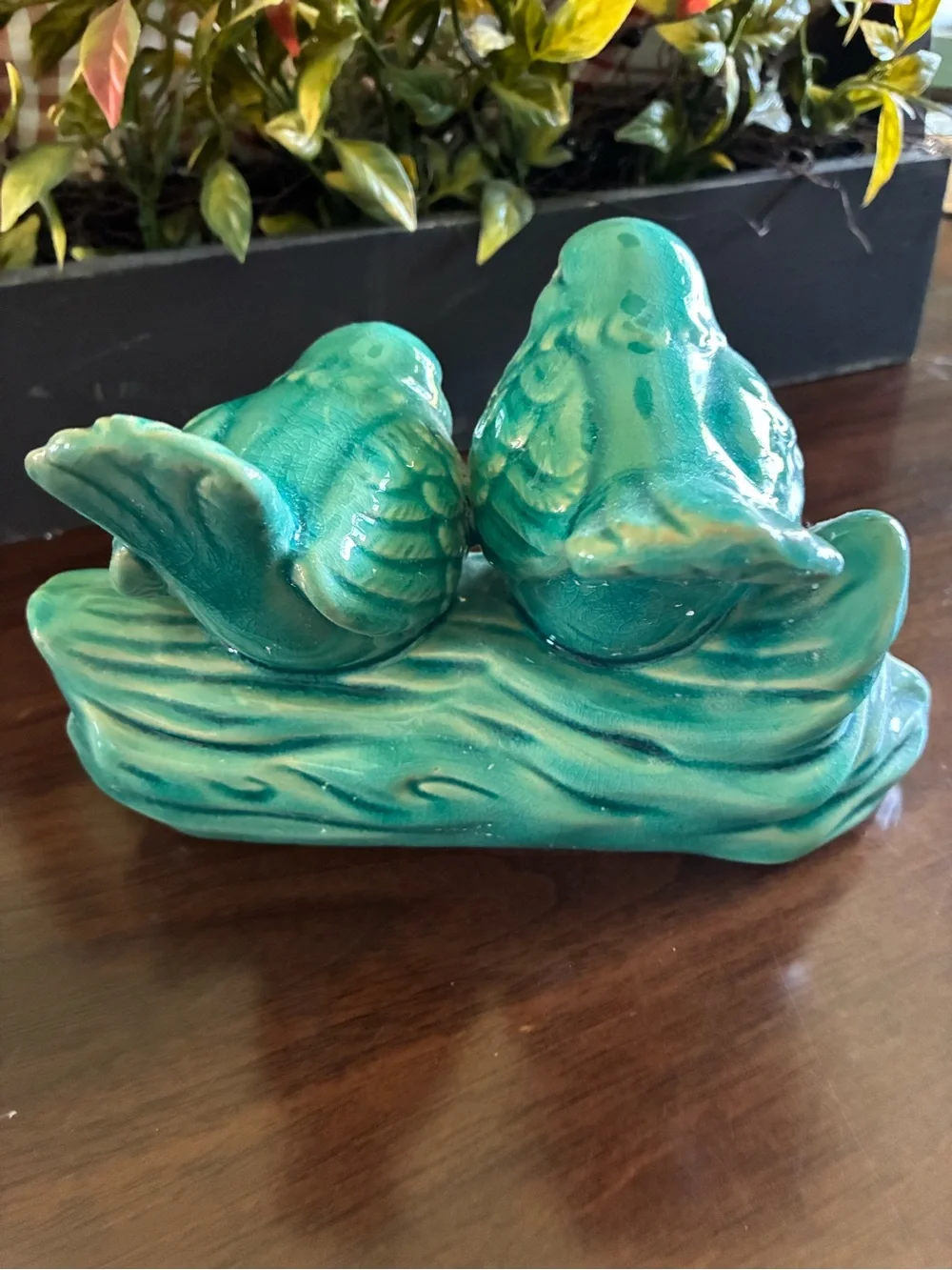 Turquoise Ceramic Bird Figurine Pair on Branch - Home Art euc 9” long x 5” high